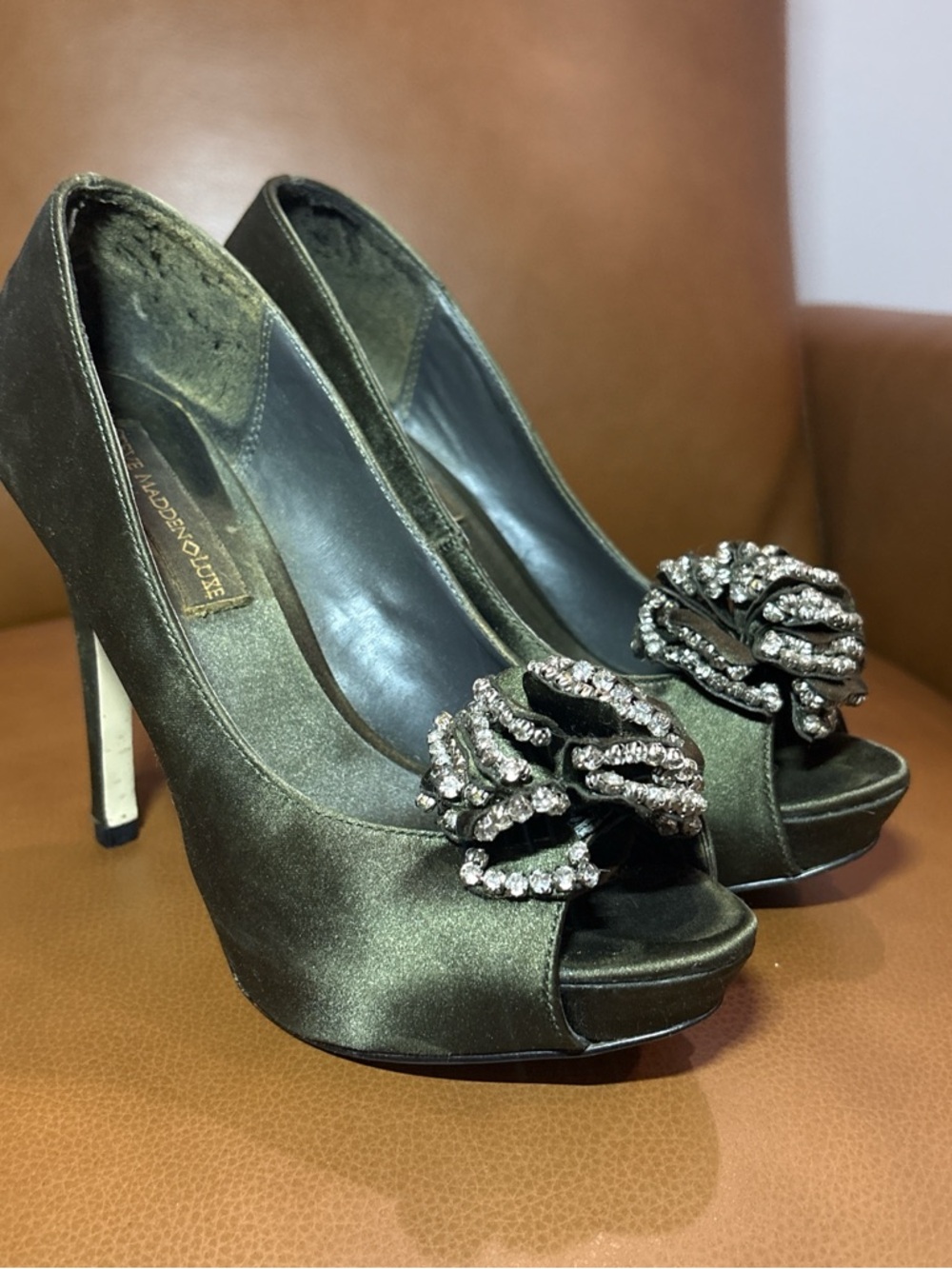Steve Madden Olive Satin Peep-Toe Heels with Crystal Brooch